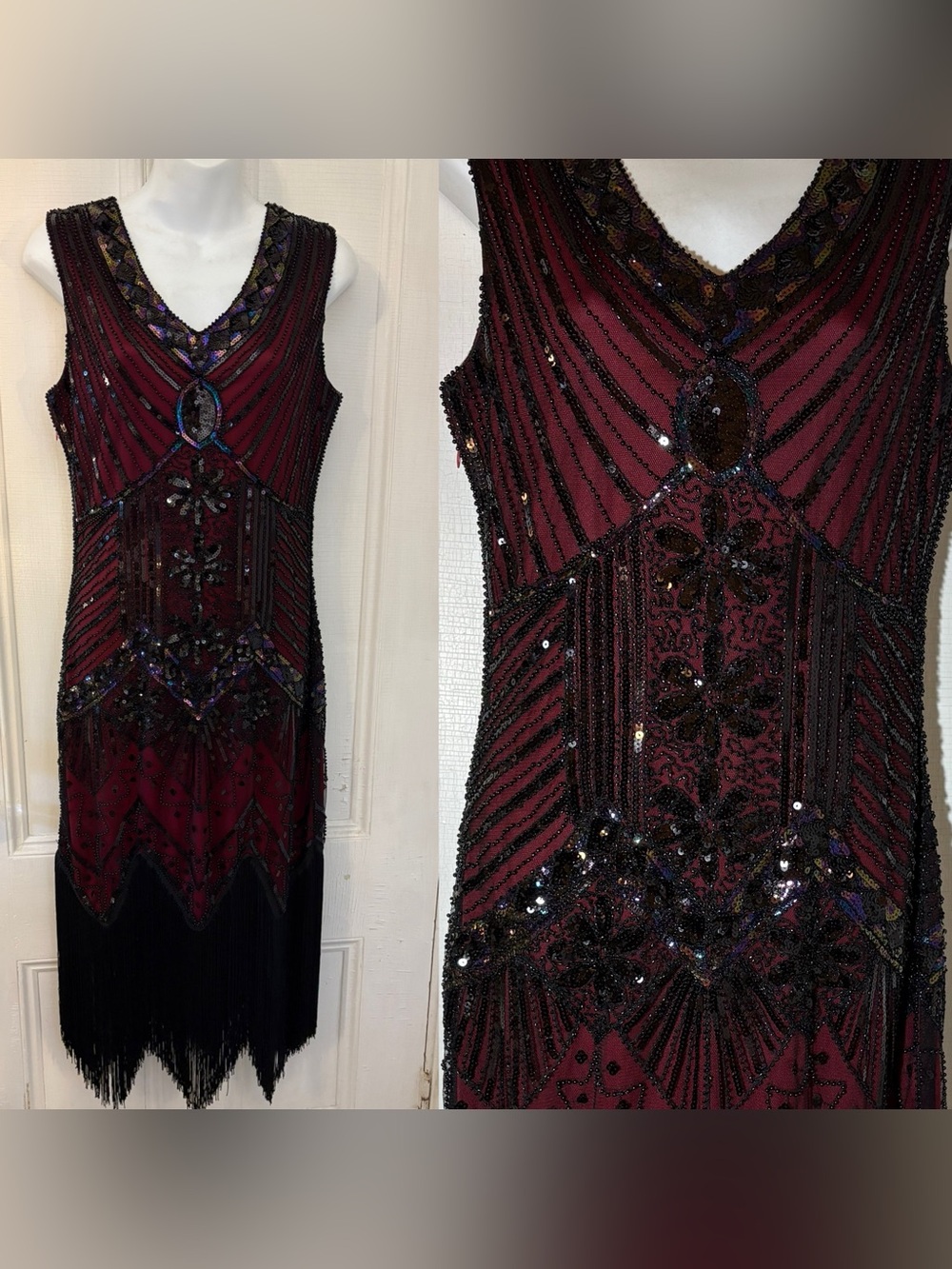Beaded 1920s flapper fringe Gatsby style dress like new black deep red